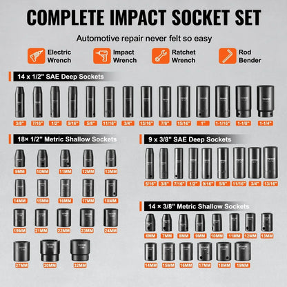 VEVOR 59pc Impact Socket Set 3/8" 1/2" Drive 6-Point Ratchet Kit