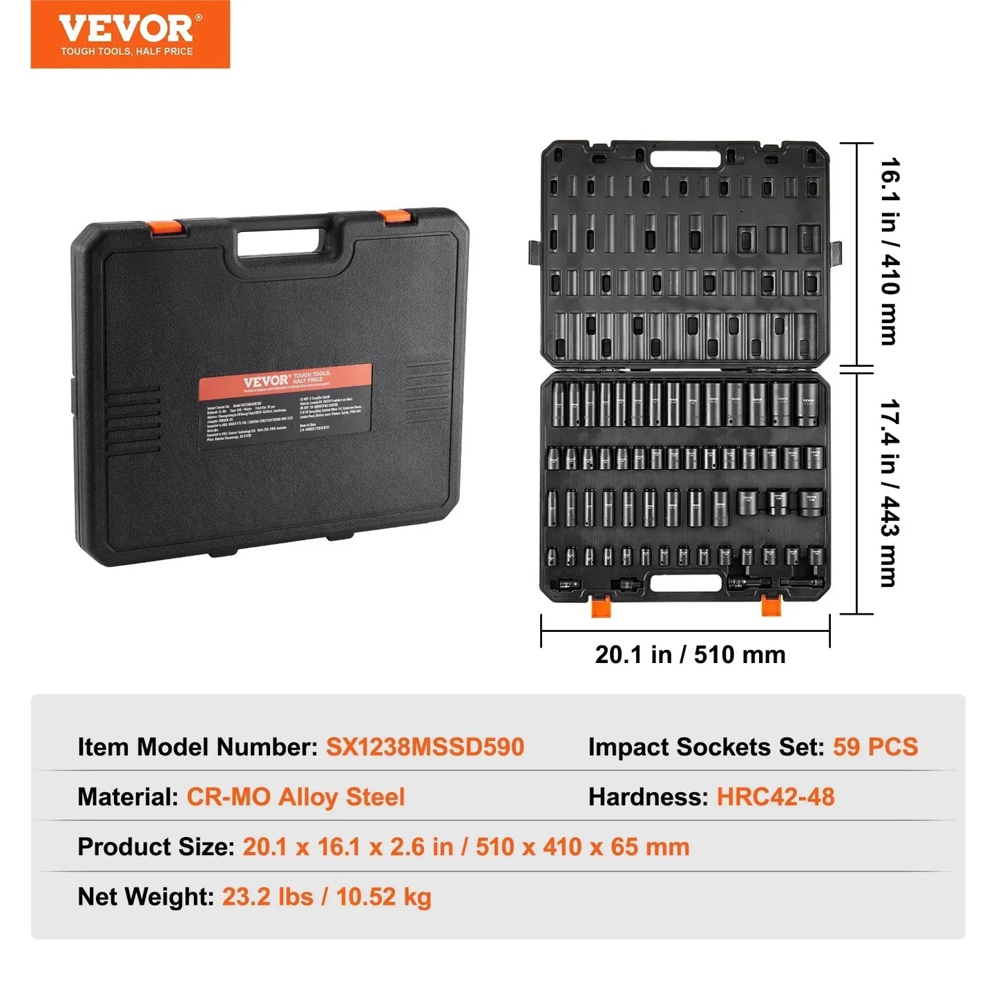 VEVOR 59pc Impact Socket Set 3/8" 1/2" Drive 6-Point Ratchet Kit