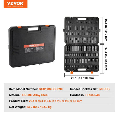 VEVOR 59pc Impact Socket Set 3/8" 1/2" Drive 6-Point Ratchet Kit