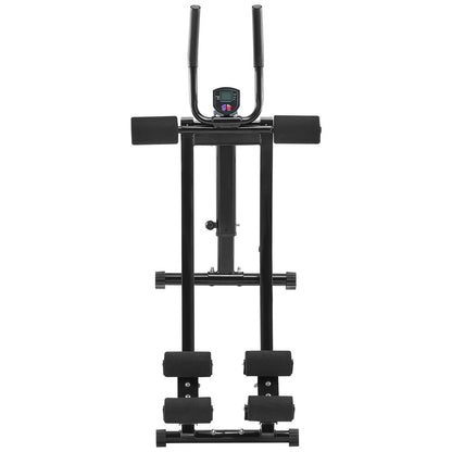 Black vertical ab exercise machine with foam rollers and digital display on white background