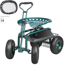 Garden Cart Rolling Workseat 360 Swivel Stool with Tool Tray Green