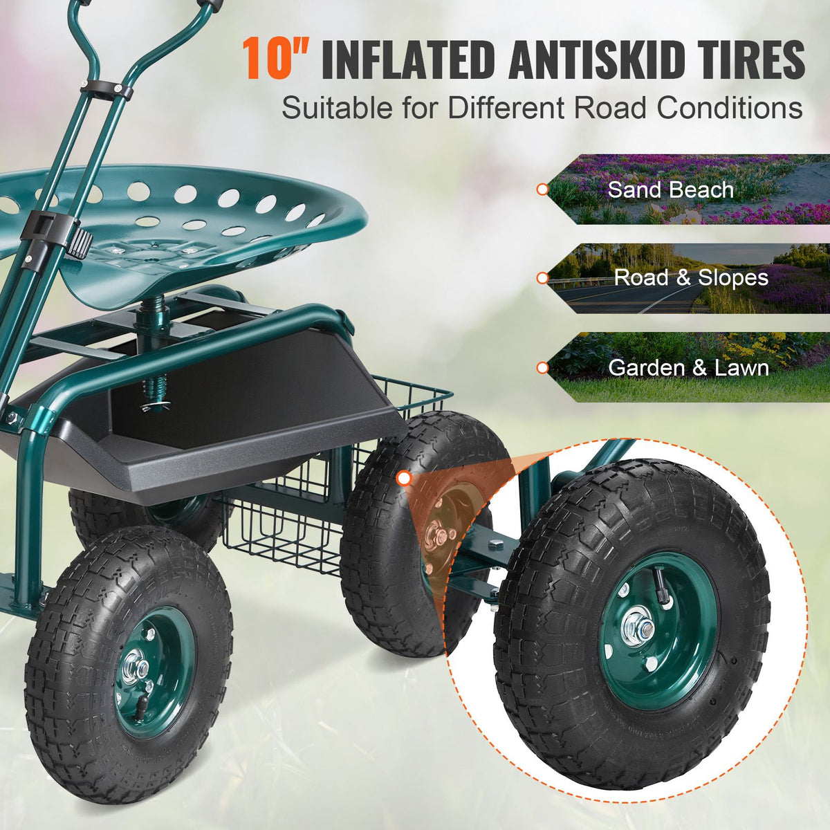 Garden Cart Rolling Workseat with Wheels, Gardening Stool for Planting, 360 Degree Swivel Seat, Wagon Scooter with Steering Handle & Utility Tool Tray, Use for Patio, Yard, and Outdoors, Green