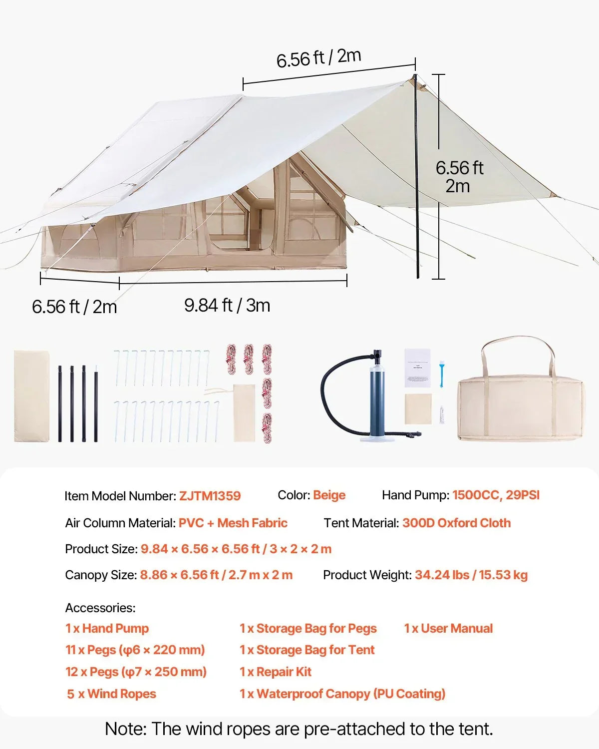 VEVOR Inflatable Camping Tent 3-5 Person Easy Setup Blow Up 4 Season Glamping
