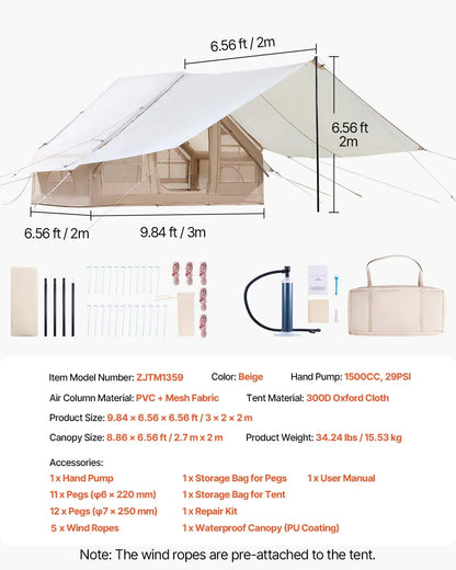 VEVOR Inflatable Camping Tent 3-5 Person Easy Setup Blow Up 4 Season Glamping