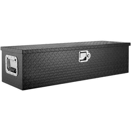 Black diamond plate aluminum truck bed tool box with silver handles and latch