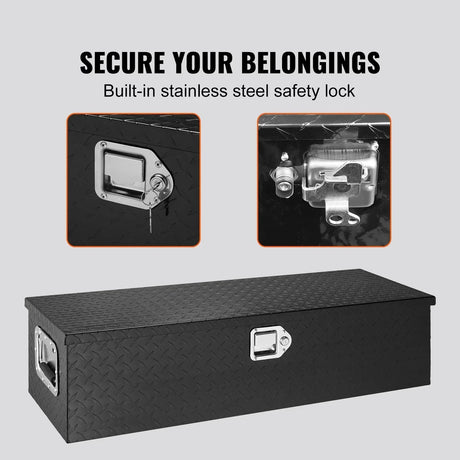 Black steel tool box with built-in stainless steel safety lock and key for secure storage