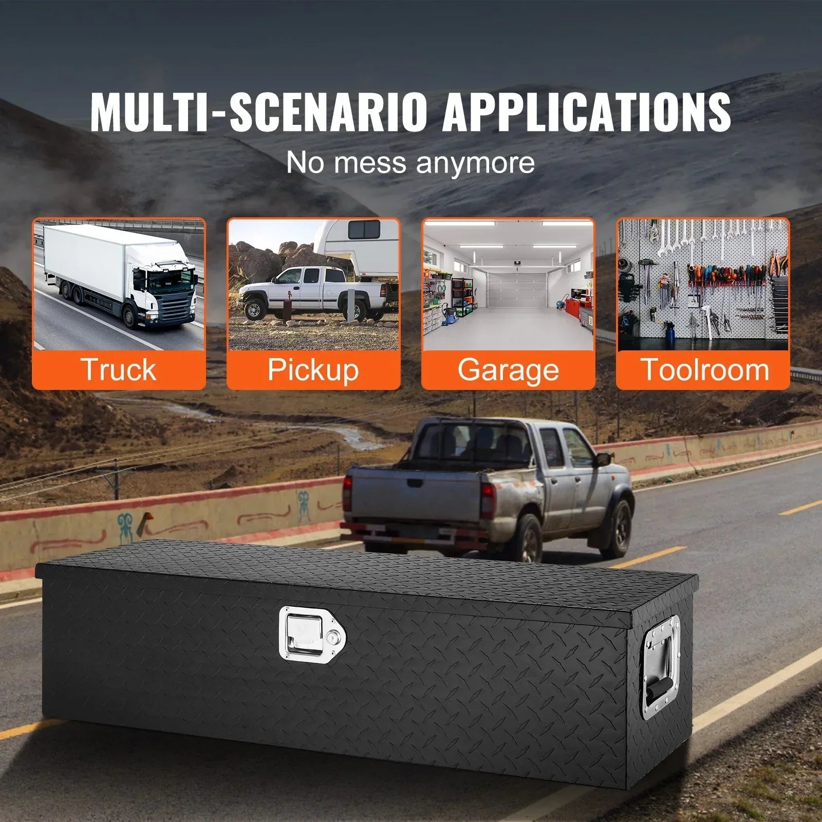 Black diamond plate tool storage box with latch and handles, suited for truck, pickup, garage, and toolroom