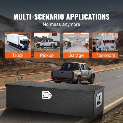 Black diamond plate tool storage box with latch and handles, suited for truck, pickup, garage, and toolroom