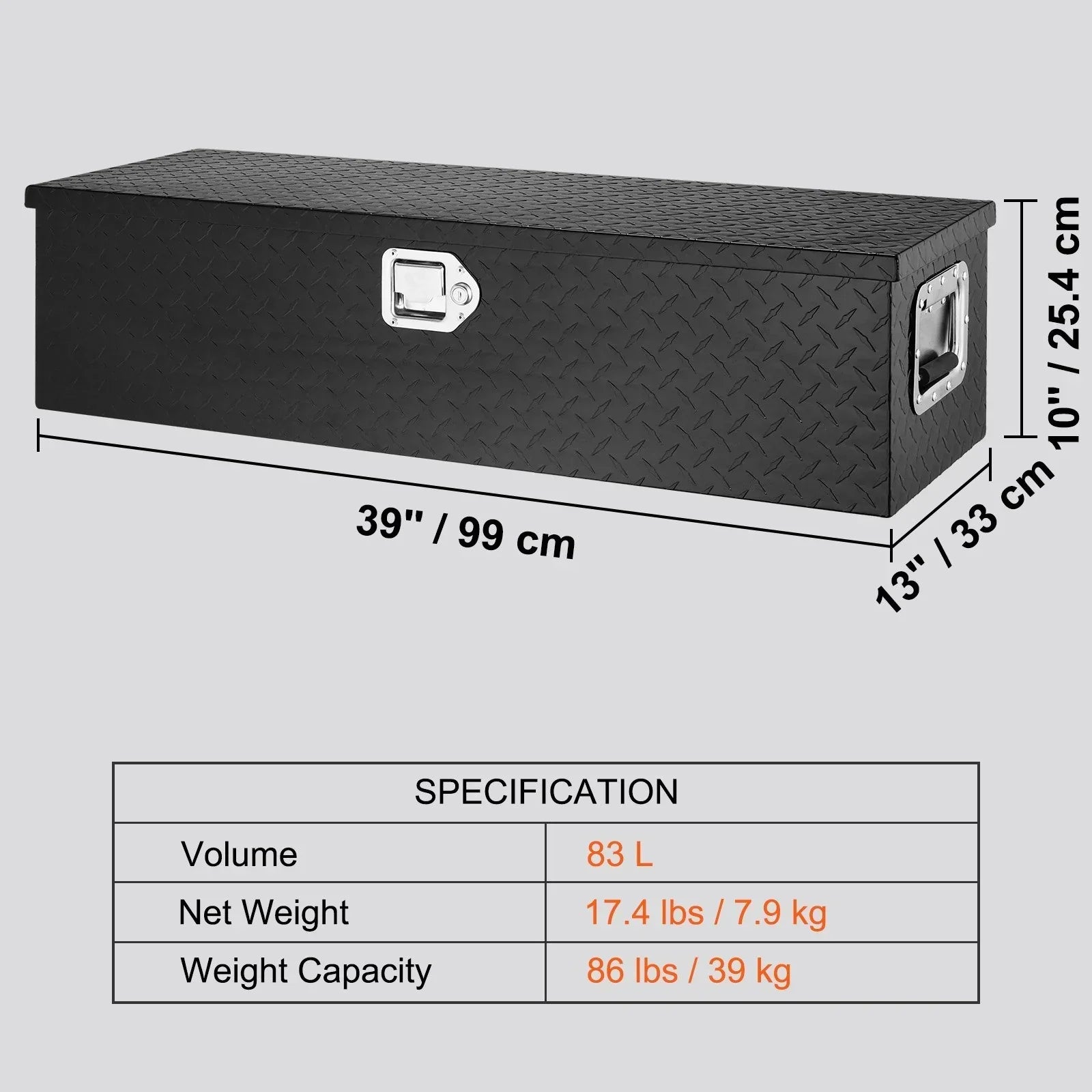 Black metal tool storage box with diamond plate texture and silver handles, dimensions and specs shown