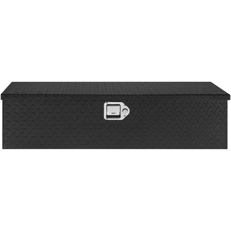 Black diamond plate aluminum truck bed tool box with silver latch and lock