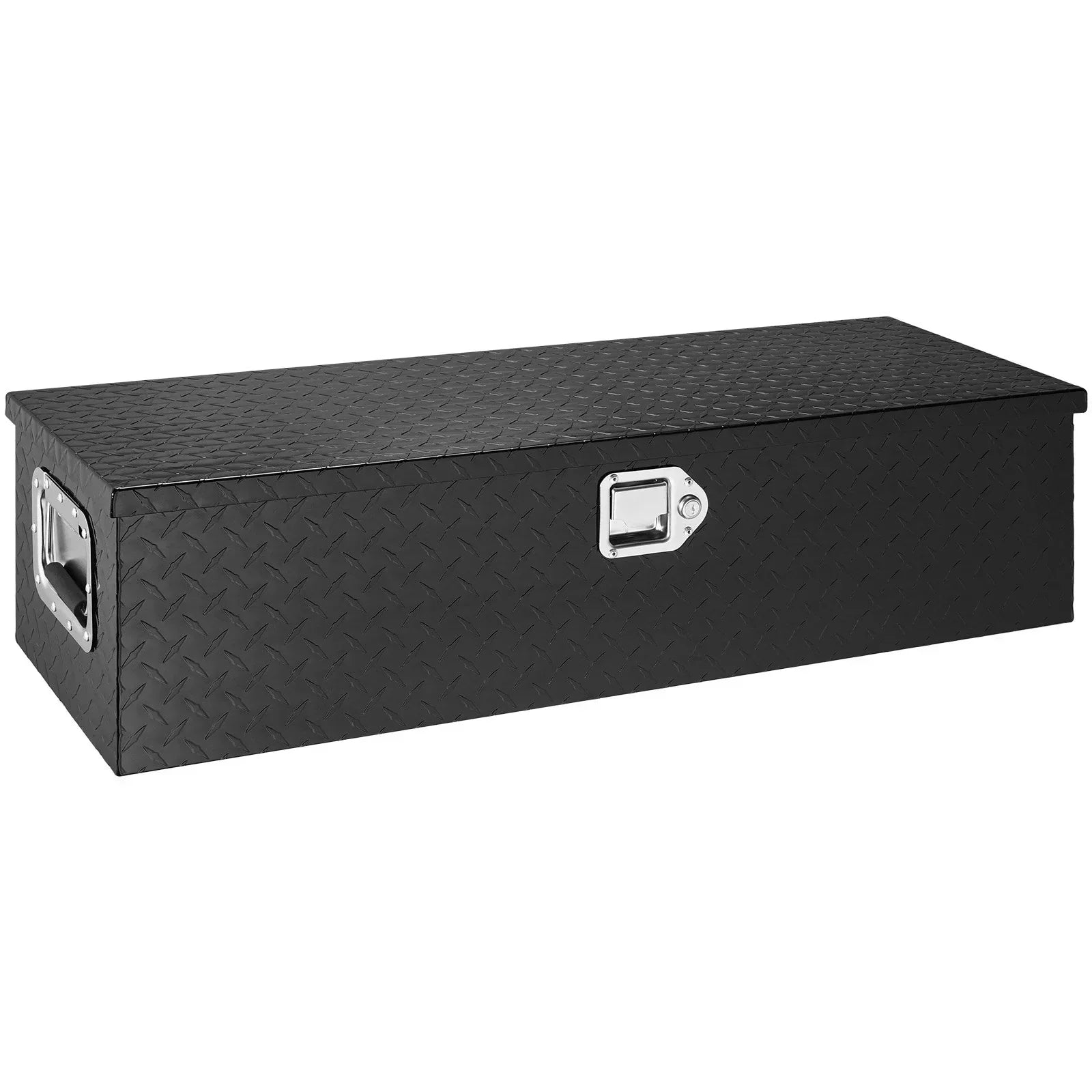 Black diamond plate steel truck toolbox with silver latch and side handles