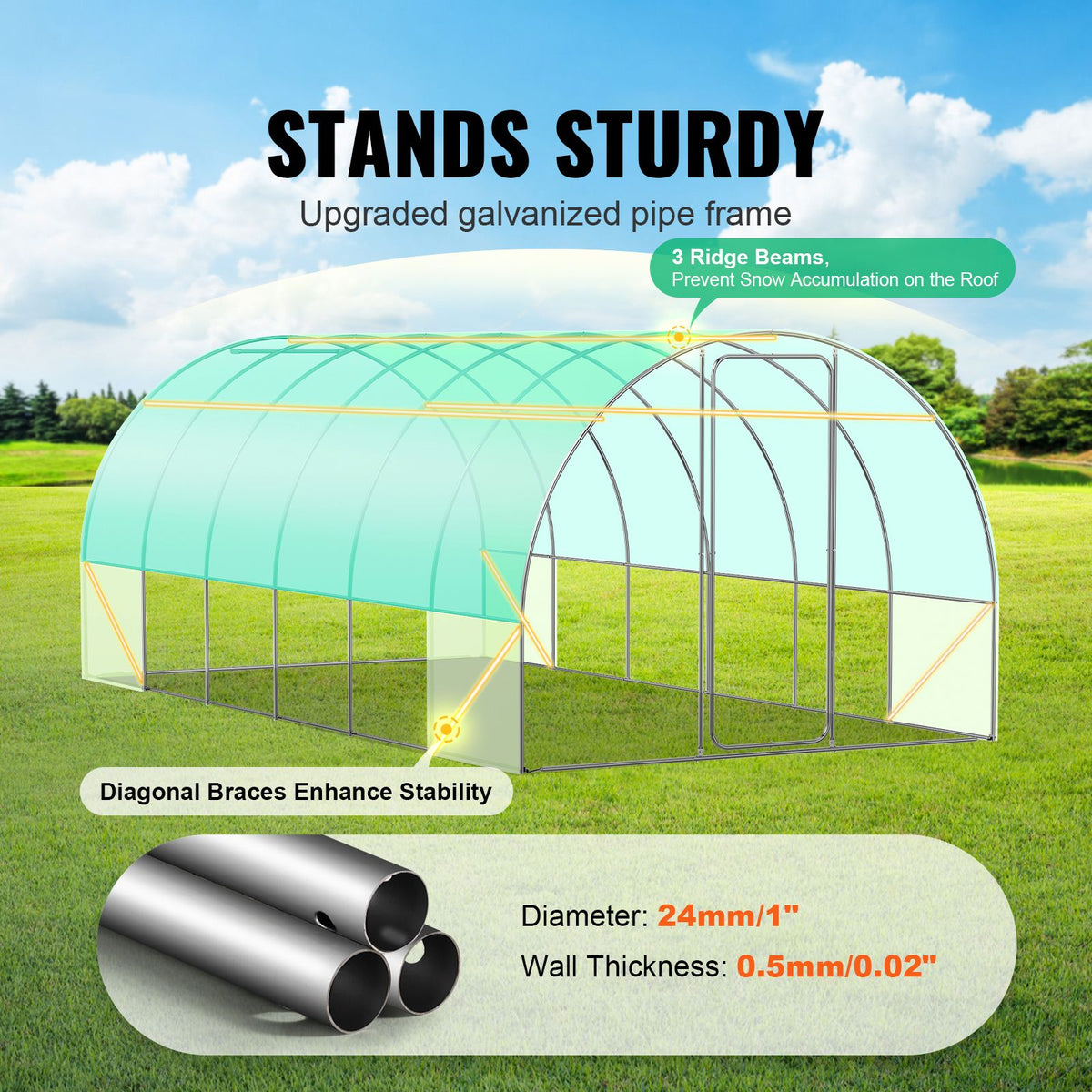 Tunnel greenhouse thickened galvanised steel load-bearing poles