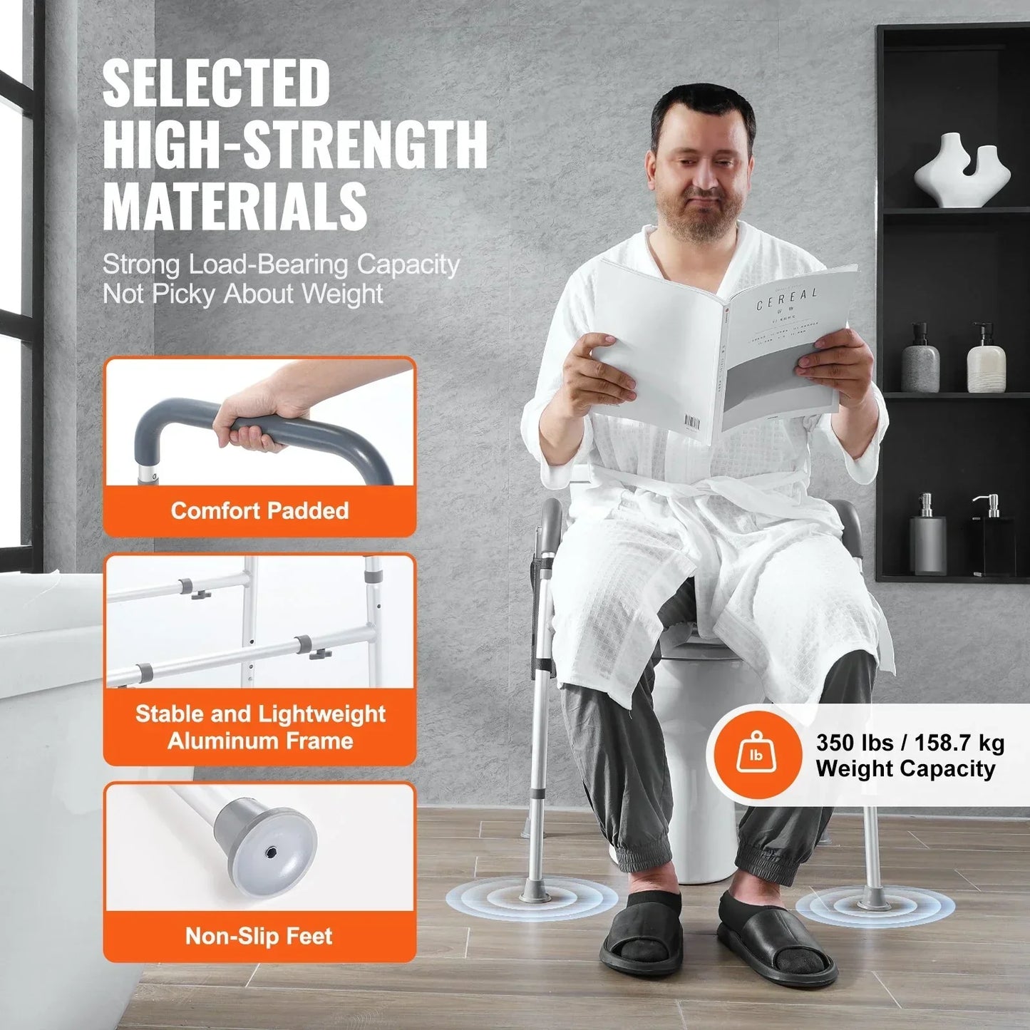 VEVOR Raised Toilet Seat, 7-Position Height Adjustment 655-805 Mm, 158.7 kg Weight Capacity, with Comfort Padded Aluminum Frame, Universal Toilet Seat Riser, for Elderly, Handicap, Pregnant, Medical