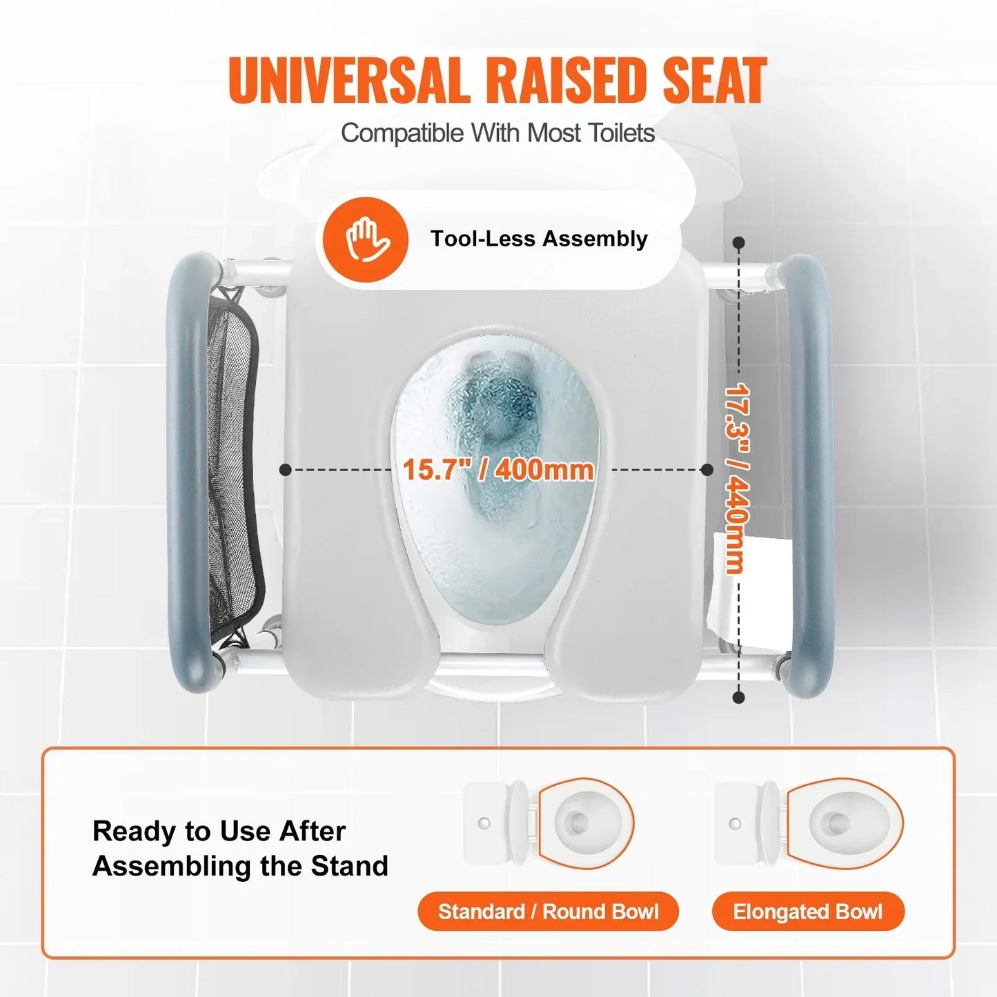 VEVOR Raised Toilet Seat, 7-Position Height Adjustment 655-805 Mm, 158.7 kg Weight Capacity, with Comfort Padded Aluminum Frame, Universal Toilet Seat Riser, for Elderly, Handicap, Pregnant, Medical