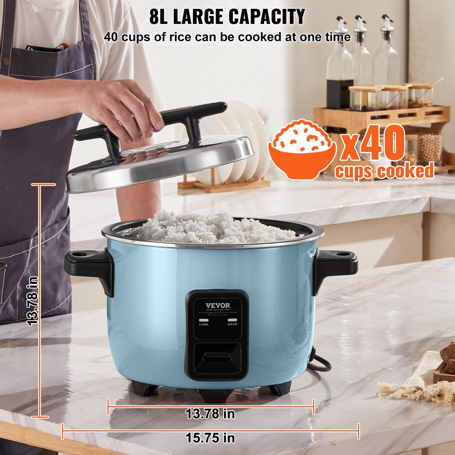 VEVOR Commercial Rice Cooker 8L 40-Cup Non-Stick 1300W Auto Keep-Warm Restaurant Catering