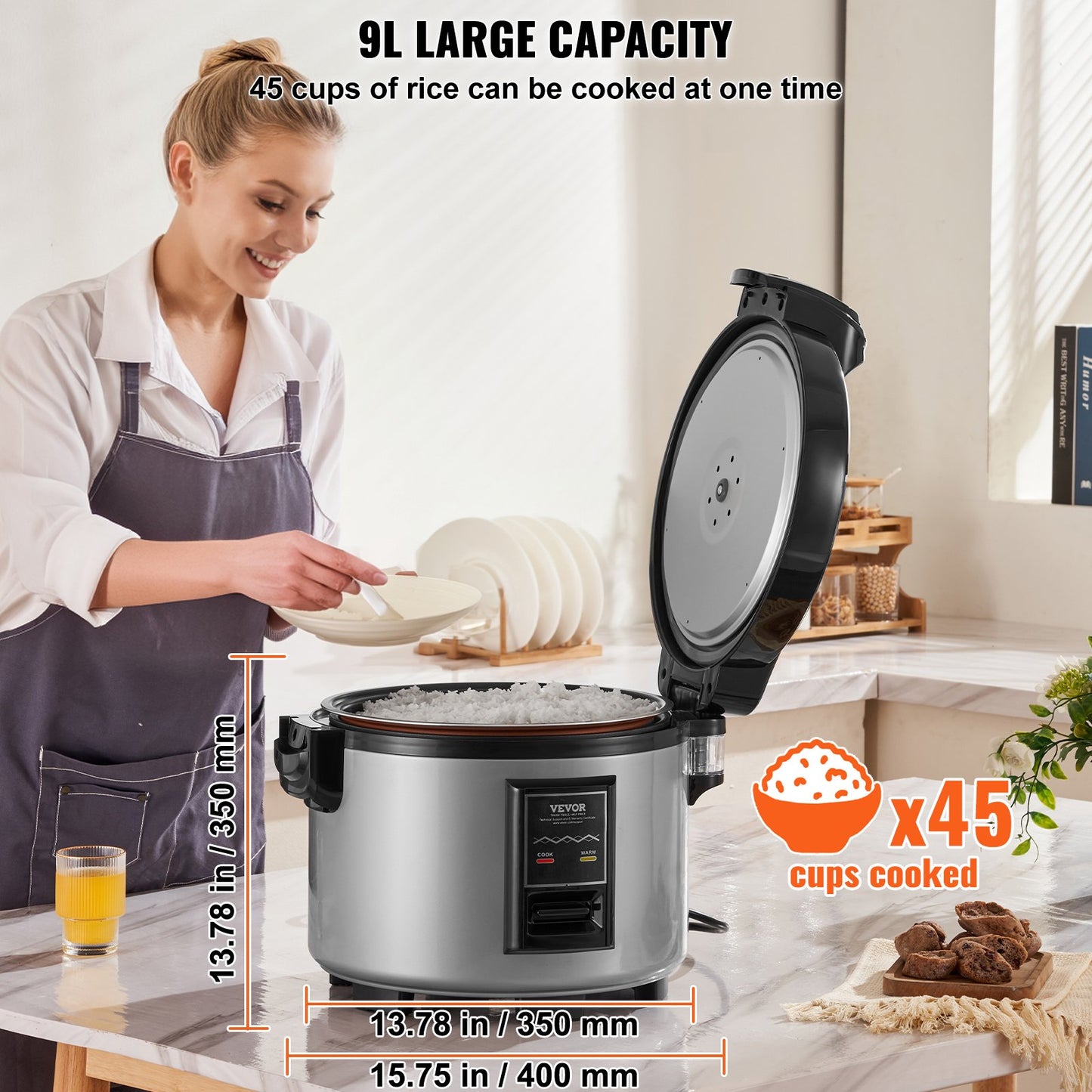 VEVOR Commercial Rice Cooker 9L 45-Cup 3D Heating Non-Stick 12-Hour Keep-Warm Restaurant Catering