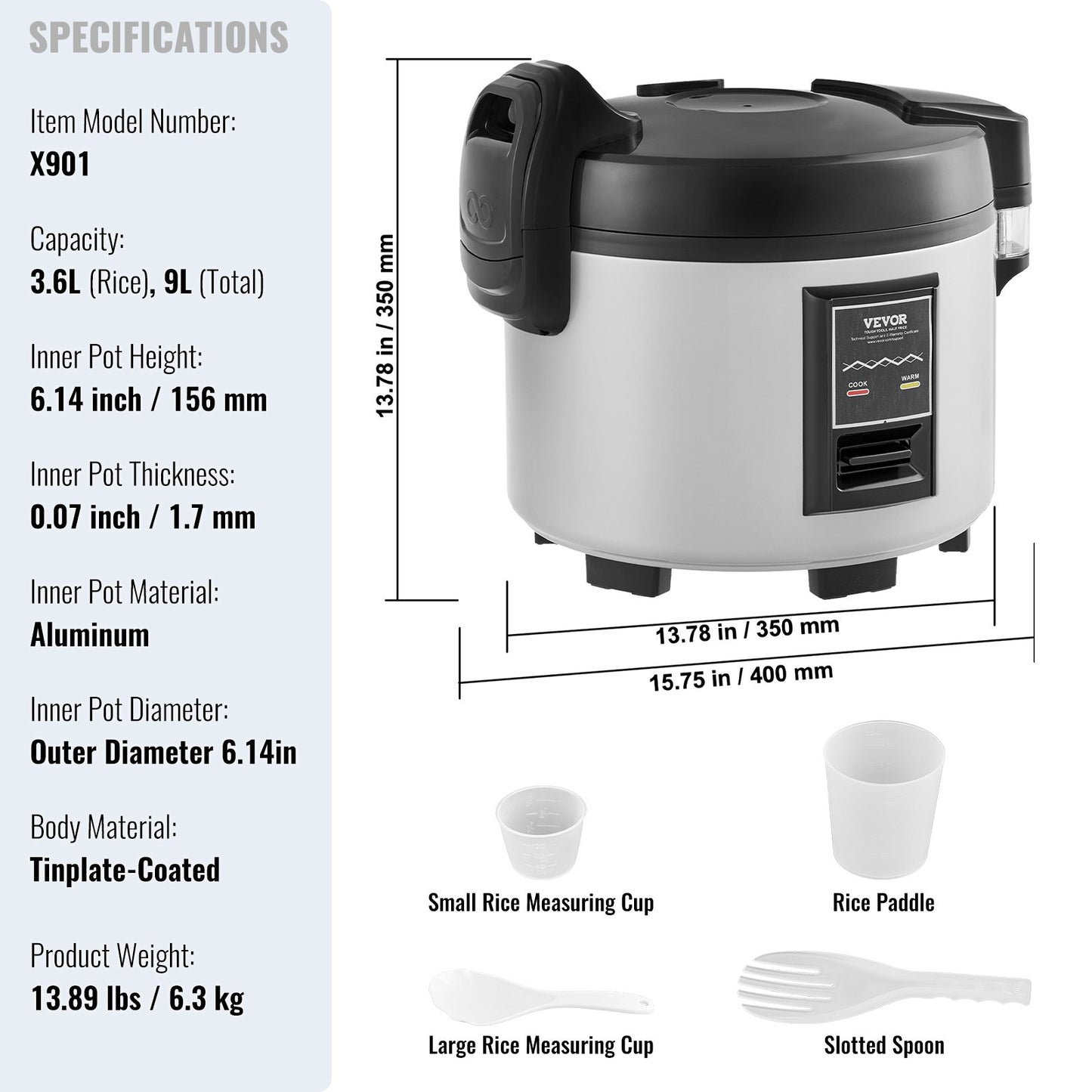 VEVOR Commercial Rice Cooker 9L 45-Cup 3D Heating Non-Stick 12-Hour Keep-Warm Restaurant Catering