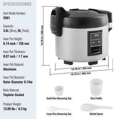 VEVOR Commercial Rice Cooker 9L 45-Cup 3D Heating Non-Stick 12-Hour Keep-Warm Restaurant Catering