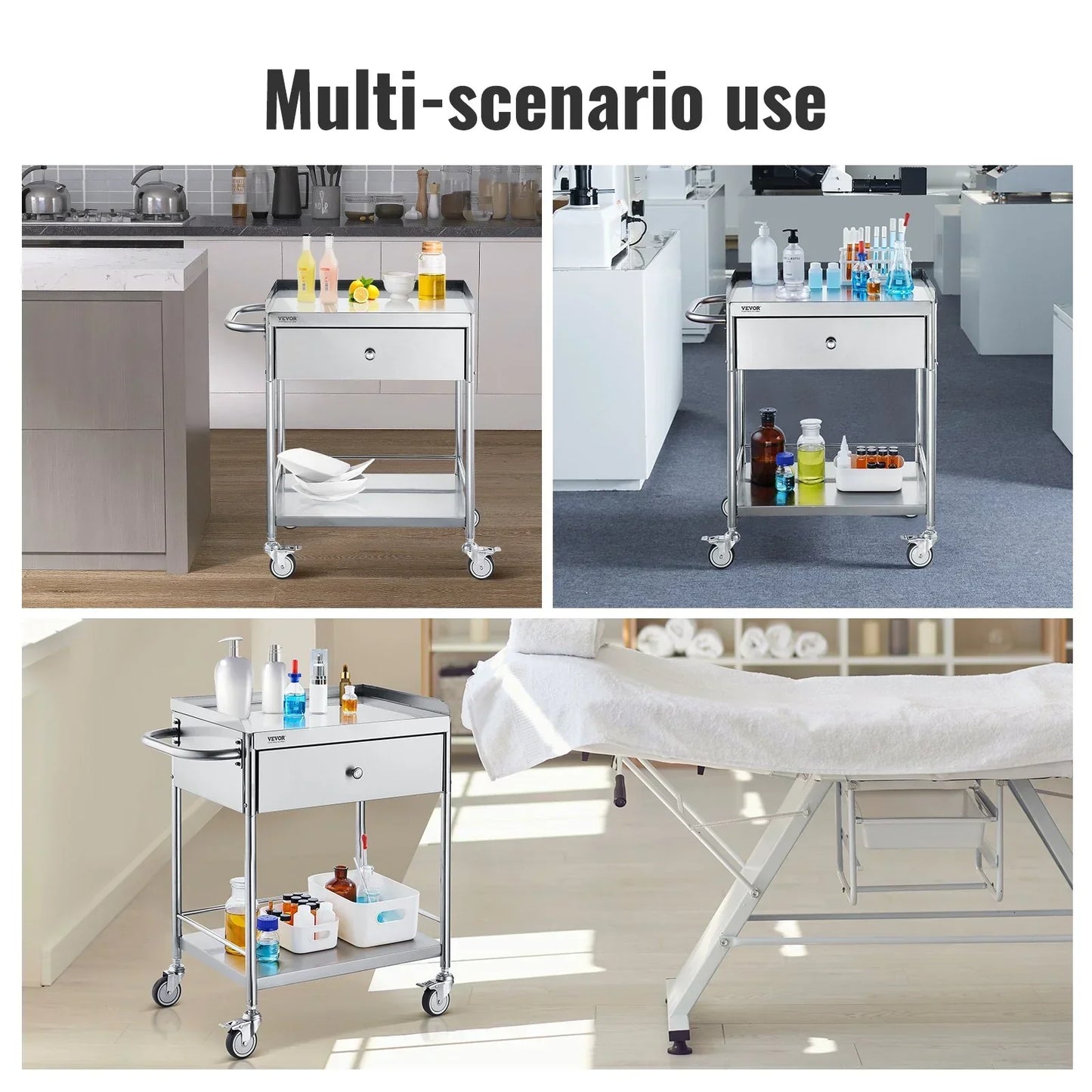 VEVOR Medical Cart, 2 Layer stainless Steel Cart100 kg Weight Capacity Utility Cart Silent Wheels and a Drawer for Lab, Clinic, kitchen, Salon