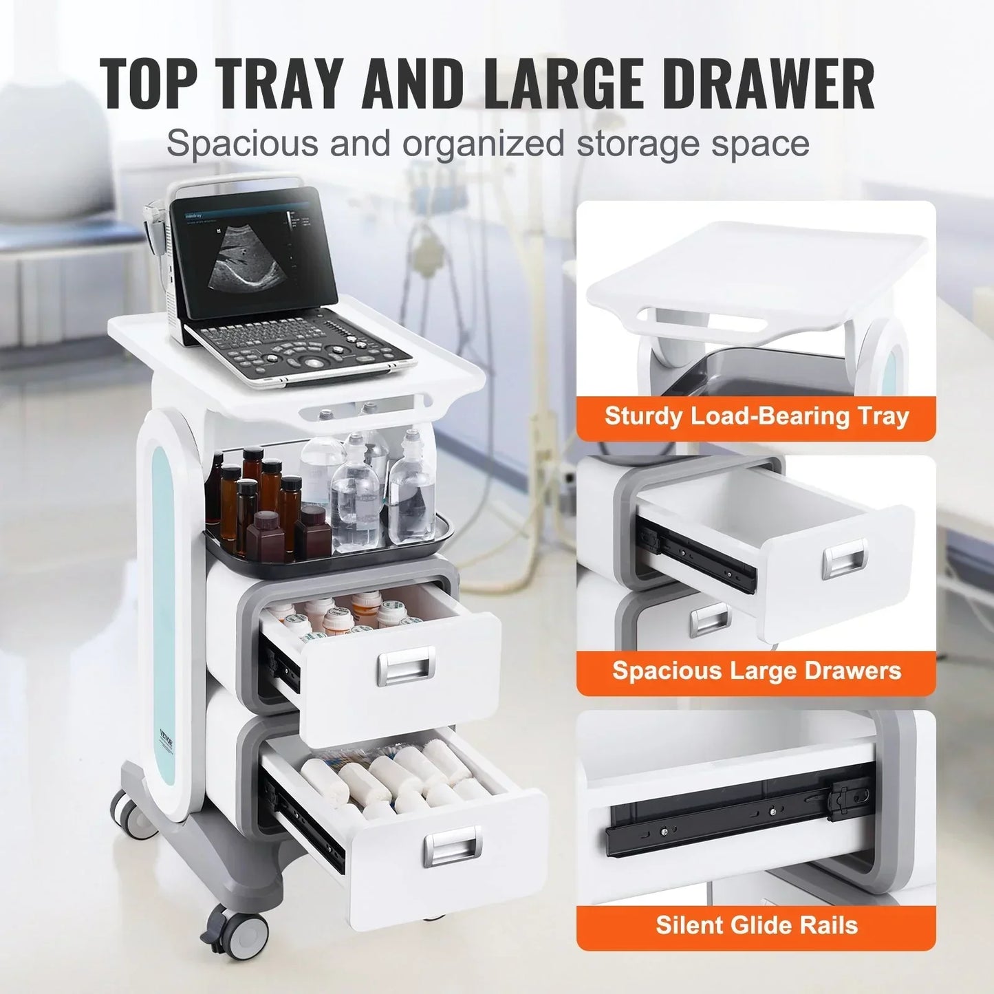 VEVOR 3 Tiers Lab Carts, Lab Utility Cart with 2 Drawers & 1 Top Tray, Mobile Medical Cart with ABS Material, Lab Rolling Cart with 4 Silent Wheels for Lab, Clinic, Hospital, Salon, White