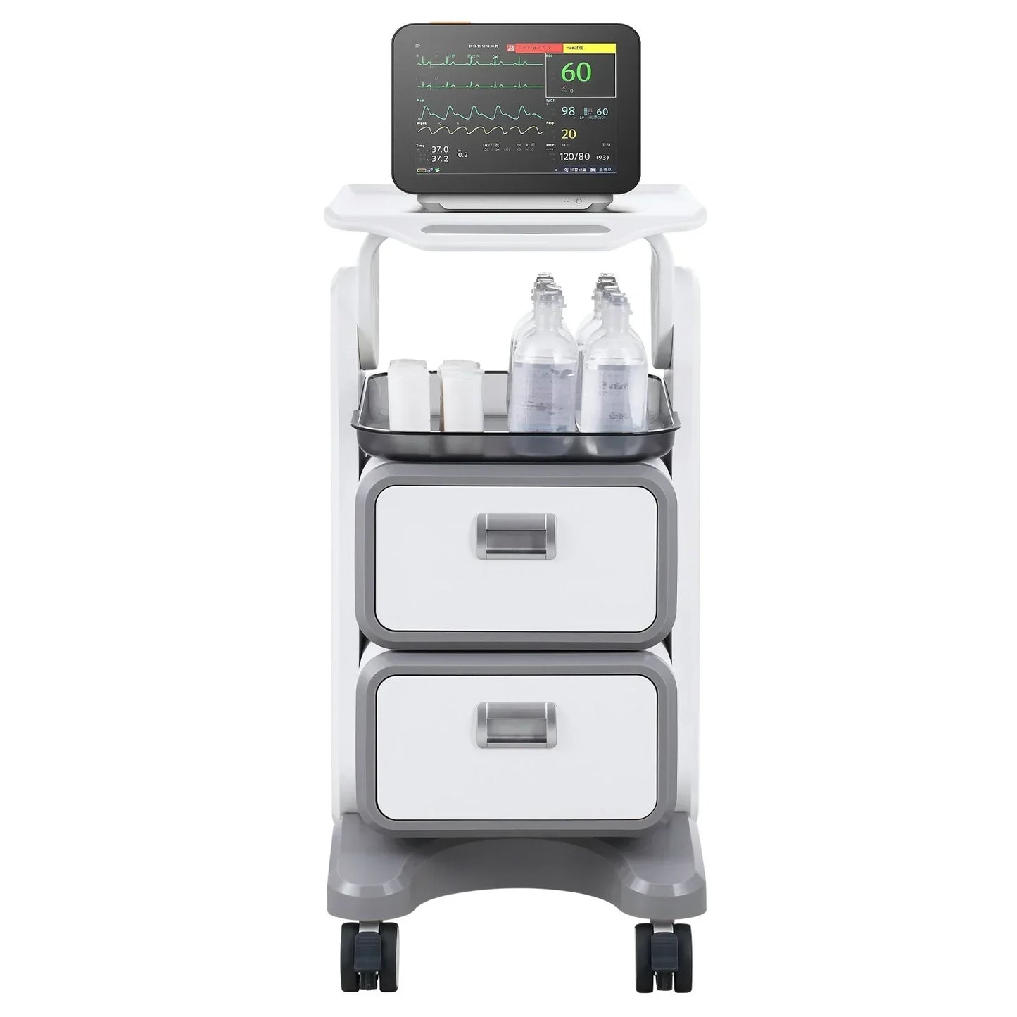 VEVOR 3 Tiers Lab Carts, Lab Utility Cart with 2 Drawers & 1 Top Tray, Mobile Medical Cart with ABS Material, Lab Rolling Cart with 4 Silent Wheels for Lab, Clinic, Hospital, Salon, White