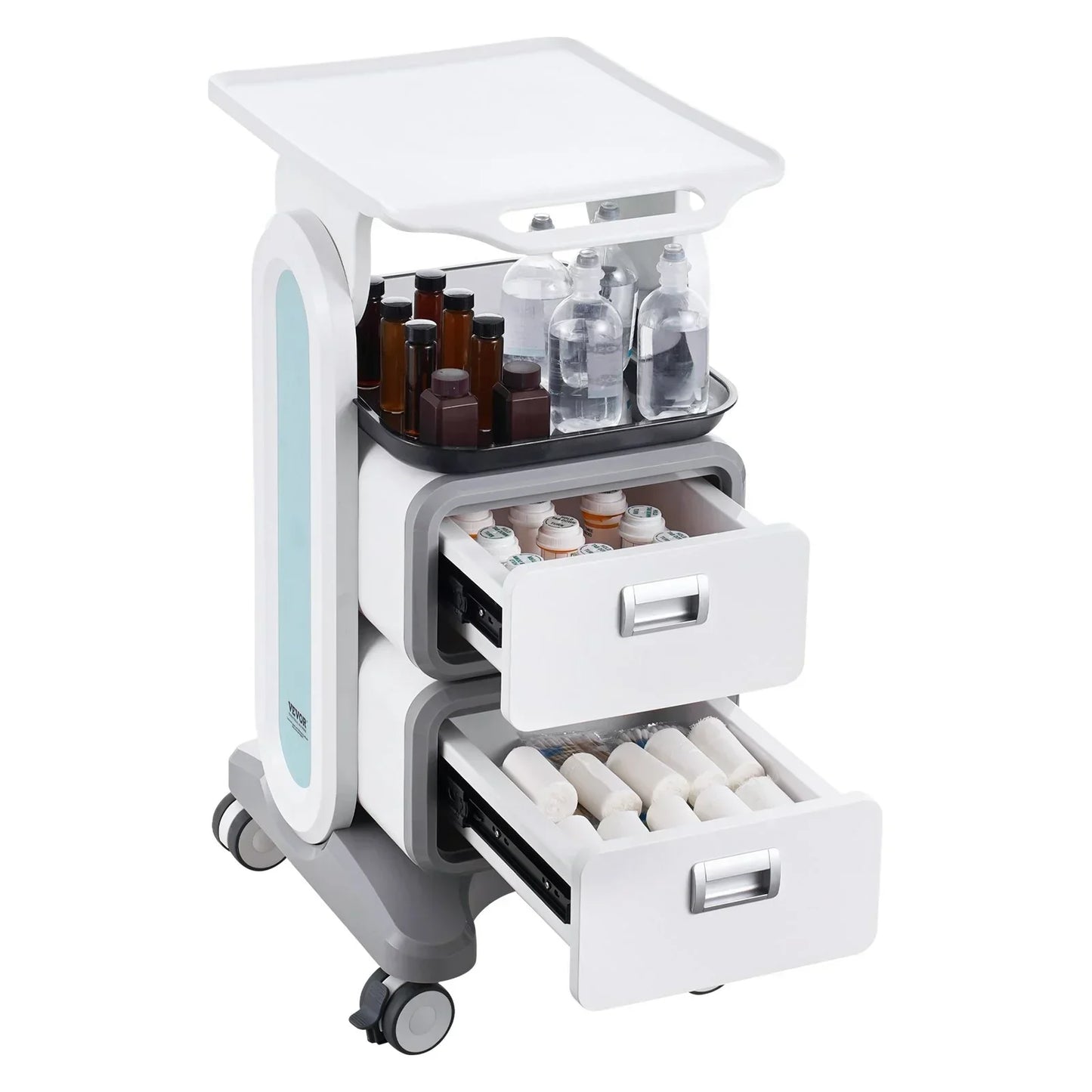 VEVOR 3 Tiers Lab Carts, Lab Utility Cart with 2 Drawers & 1 Top Tray, Mobile Medical Cart with ABS Material, Lab Rolling Cart with 4 Silent Wheels for Lab, Clinic, Hospital, Salon, White