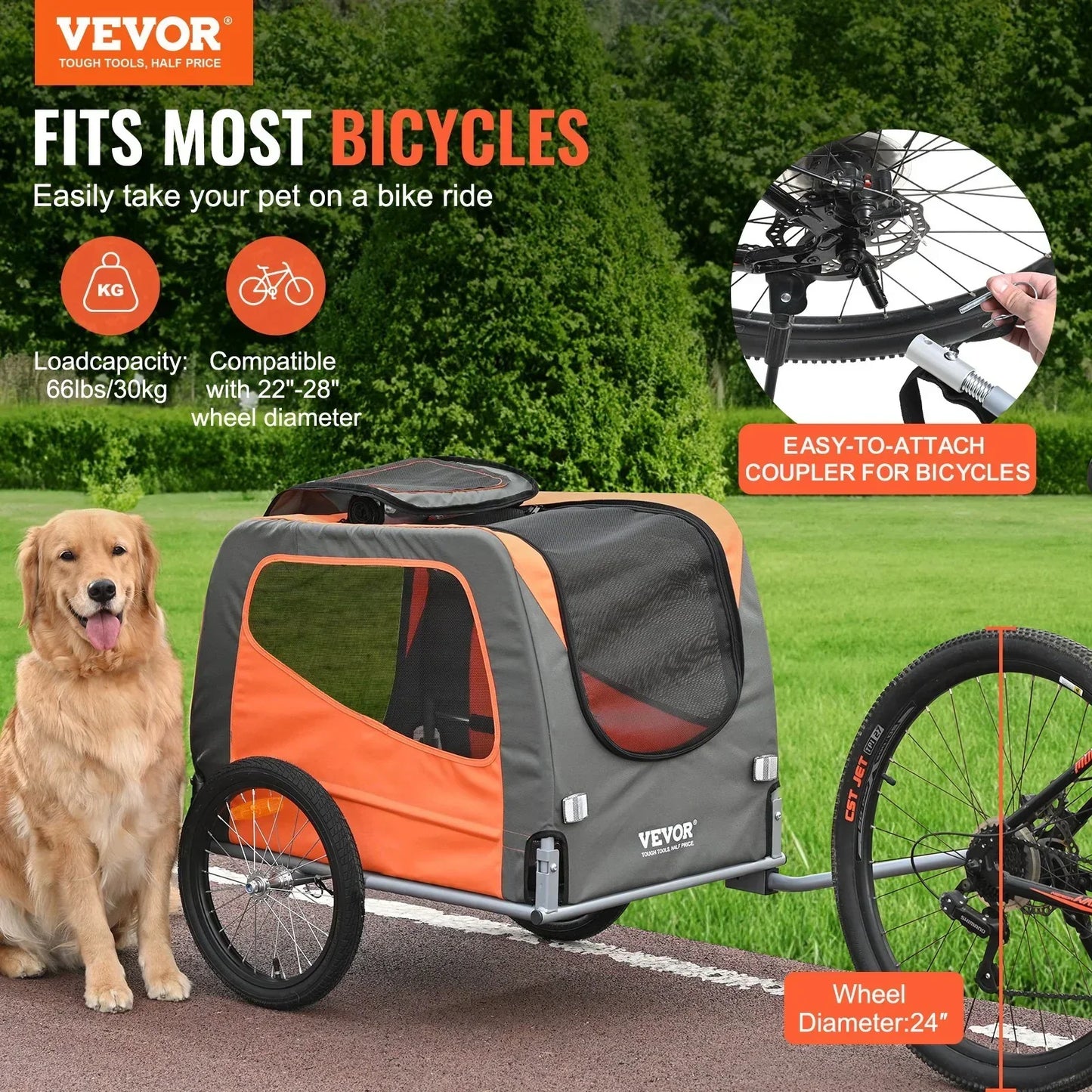 Dog Bike Trailer 30kg Capacity Foldable Quick Release Wheels Orange/Grey