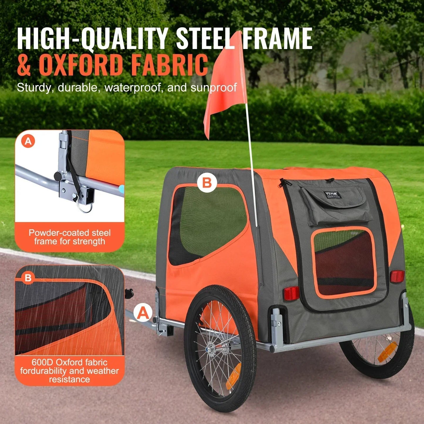 Dog Bike Trailer 30kg Capacity Foldable Quick Release Wheels Orange/Grey
