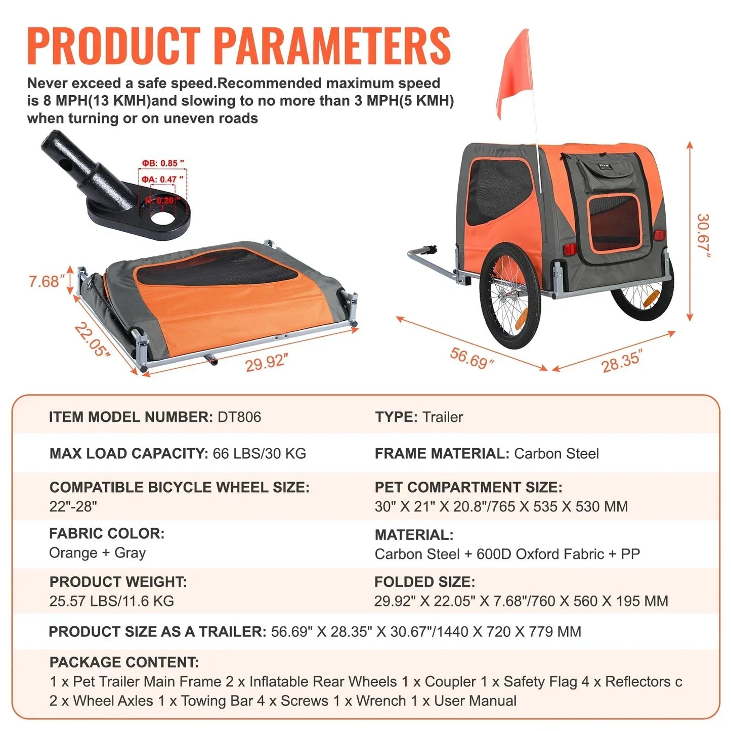 Dog Bike Trailer 30kg Capacity Foldable Quick Release Wheels Orange/Grey