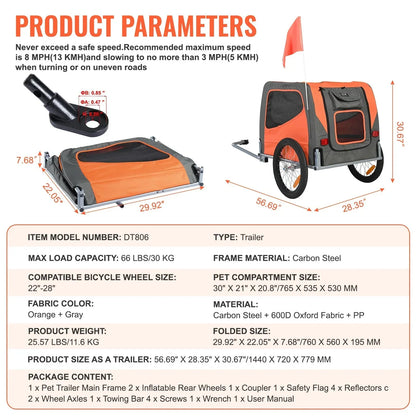 Dog Bike Trailer 30kg Capacity Foldable Quick Release Wheels Orange/Grey