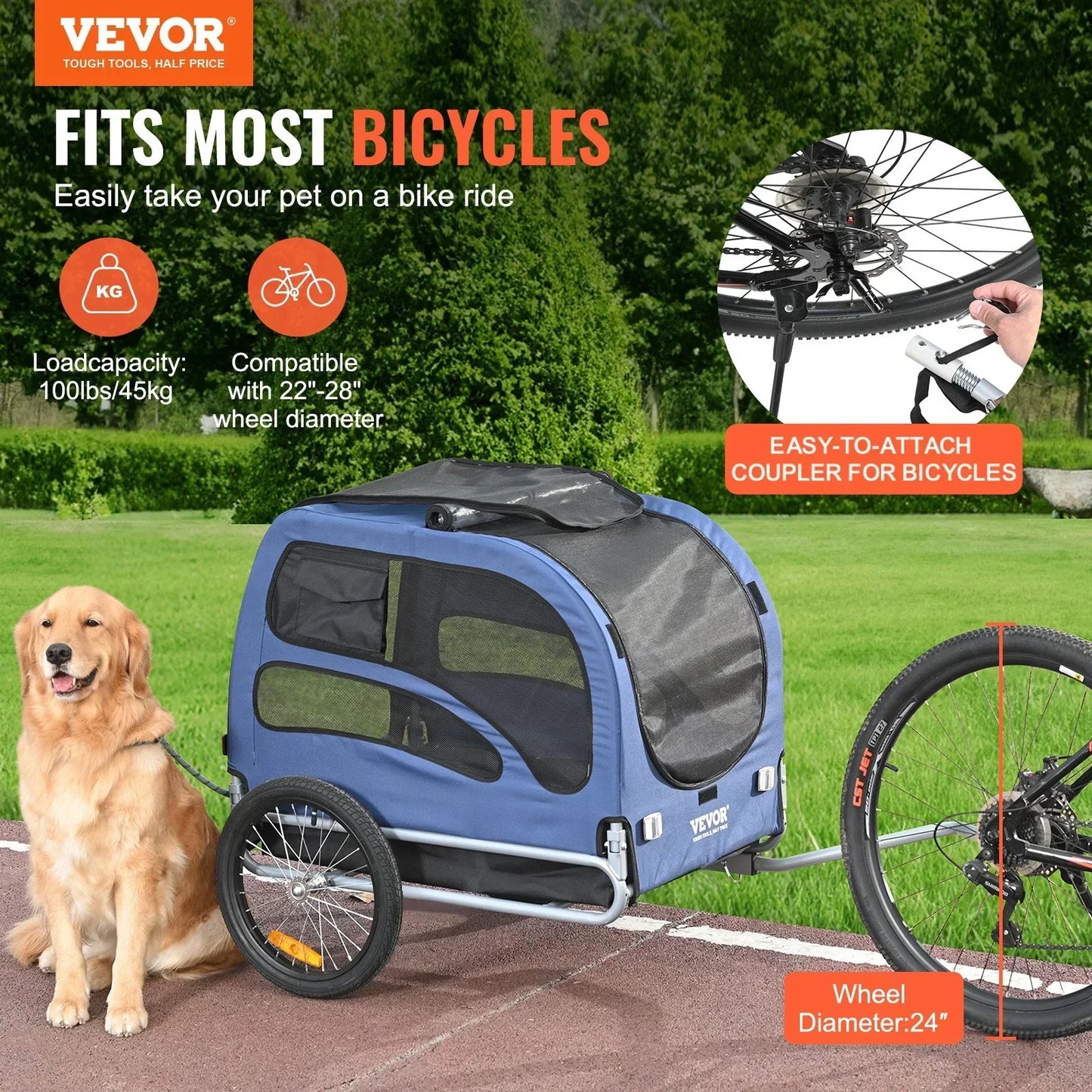 Dog Bike Trailer 45kg Capacity Foldable Quick Release Wheels Blue/Black