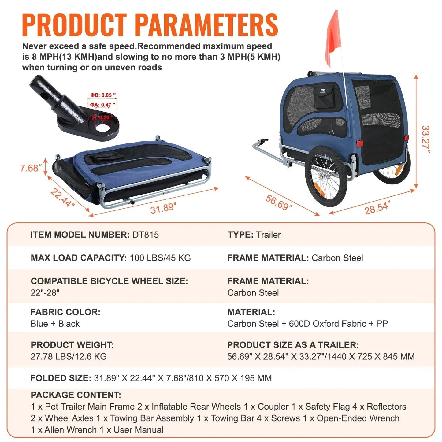 Dog Bike Trailer 45kg Capacity Foldable Quick Release Wheels Blue/Black