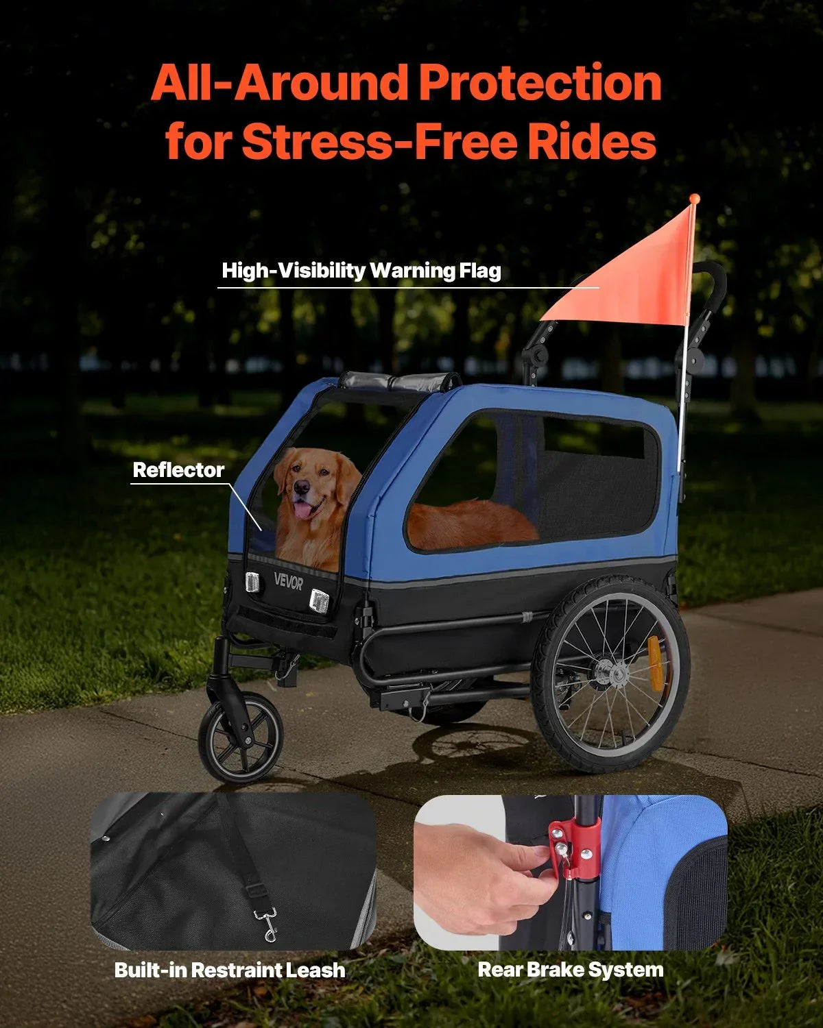 Dog Bike Trailer 2-in-1 Stroller 40kg Capacity Quick Release Wheel