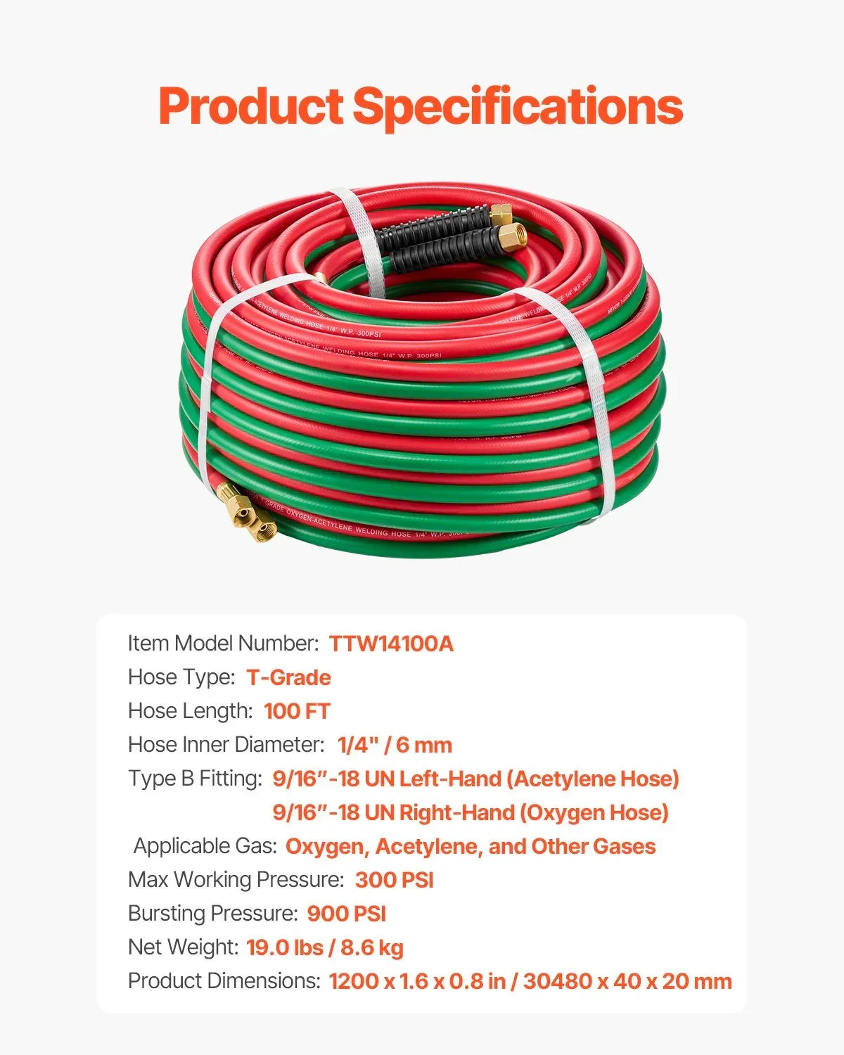 Oxygen Acetylene Hose 1/4" x 100ft T-Grade 300PSI Welding