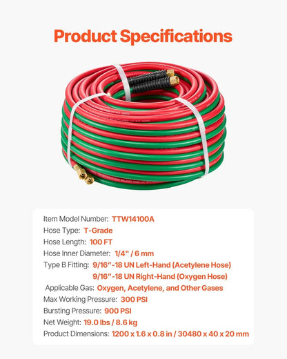 Oxygen Acetylene Hose 1/4" x 100ft T-Grade 300PSI Welding
