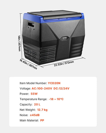Vevor 20L Portable Car Fridge Freezer - 12V/24V Compressor Cooler