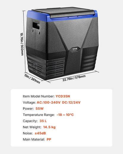 Vevor 35L Portable Car Fridge Freezer - 12V/24V Compressor Cooler