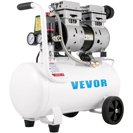 Portable electric air compressor with gauge, white tank, dual motors, and wheels