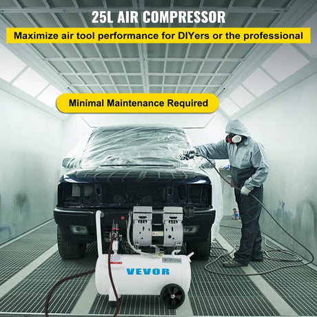 25L air compressor in auto workshop, person spray painting car, minimal maintenance, VEVOR