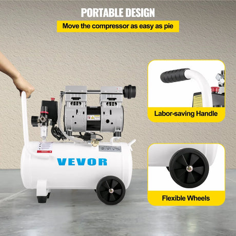Portable air compressor with labor-saving handle and flexible wheels on concrete floor