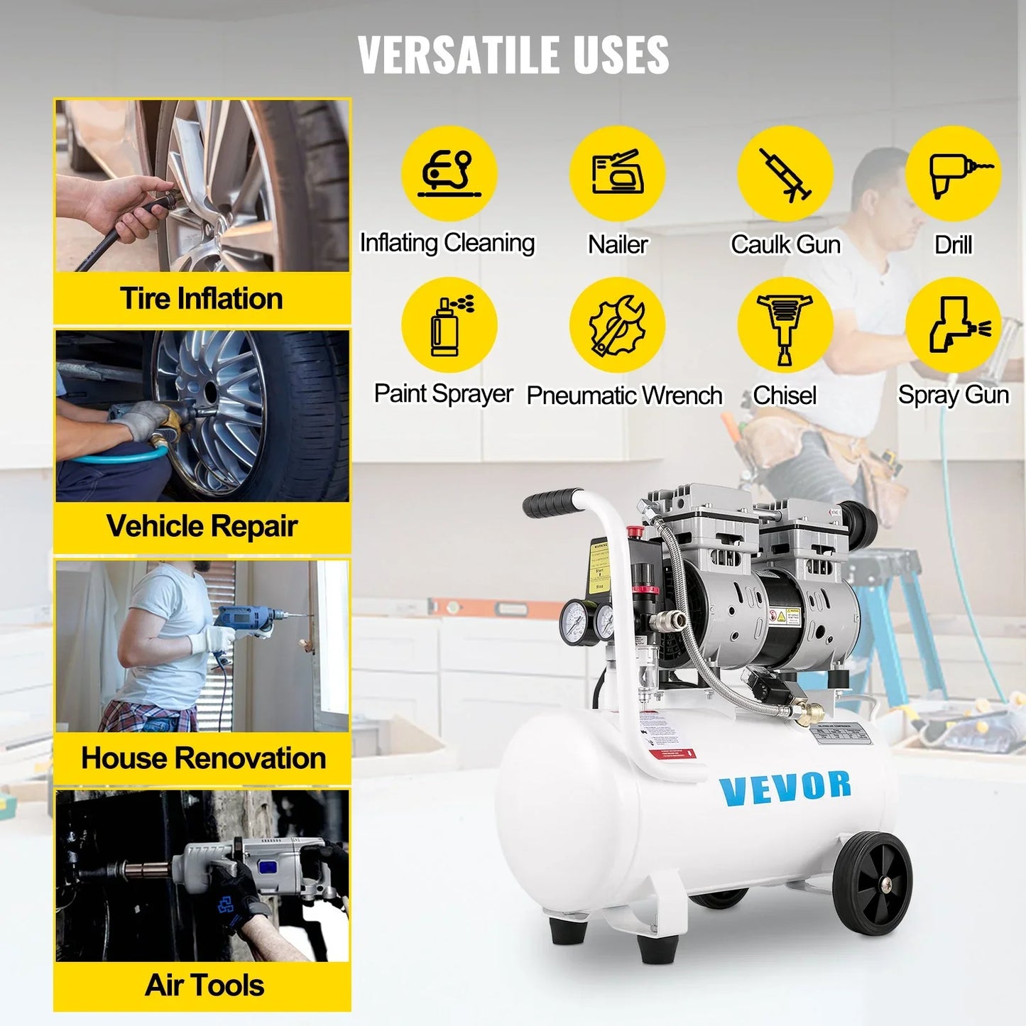 Air compressor for tire inflation, vehicle repair, house renovation, and air tools