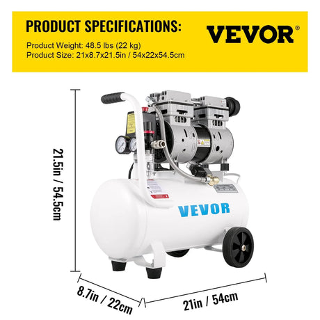 Portable Vevor air compressor with dual gauges, white tank, size and weight specifications shown.
