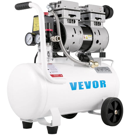 Portable air compressor with pressure gauges, wheels, and handle, white tank, VEVOR logo
