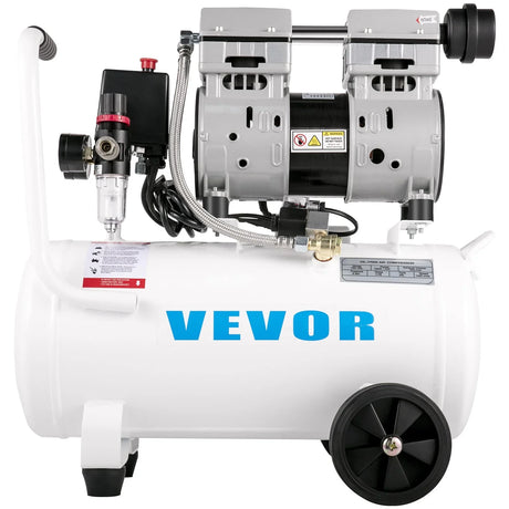 Portable oil-free air compressor with pressure gauge and wheeled white tank