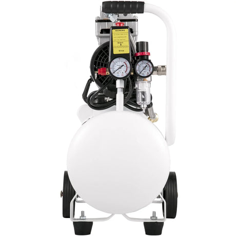 Front view of portable air compressor with pressure gauges and white tank on wheels