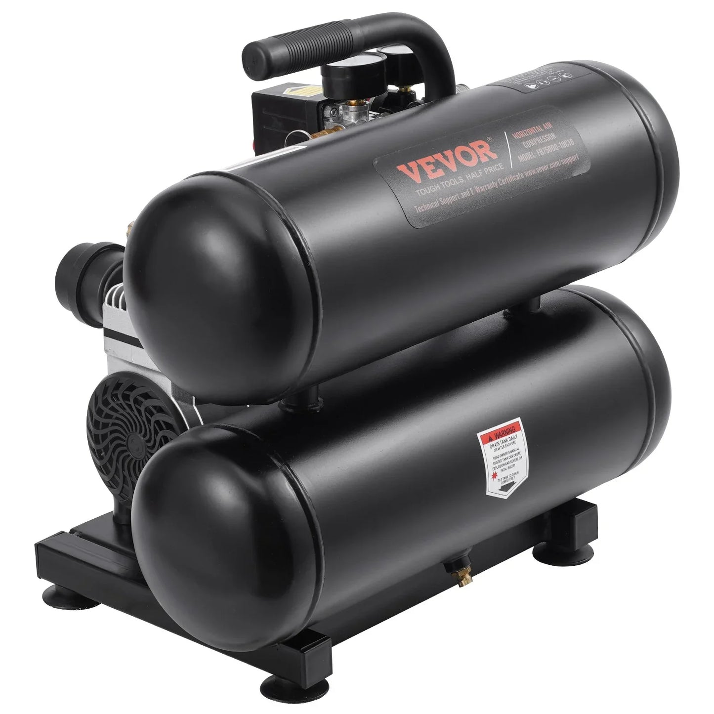 Black portable air compressor with twin tanks and handle, ideal for home or workshop use