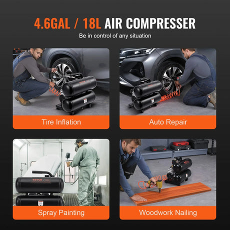 4.6 gallon 18L air compressor used for tire inflation, auto repair, spray painting, and woodwork nailing