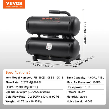 Black portable air compressor with dual tanks, product specs, and handle, 18L 120PSI 1HP.