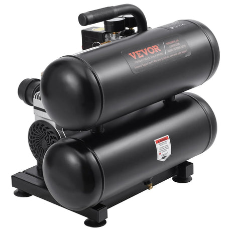 Black dual-tank air compressor with handle and visible VEVOR label, studio background