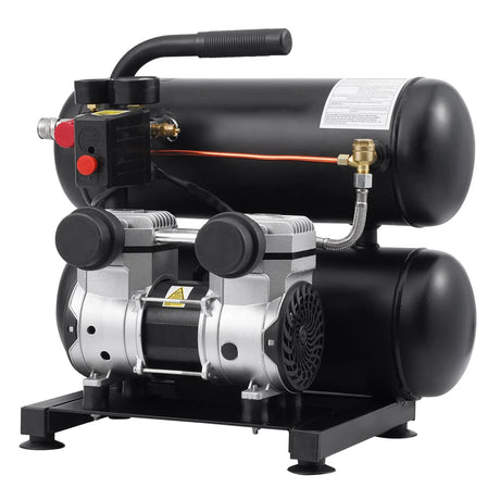 Dual tank electric air compressor with black metal frame and silver motor